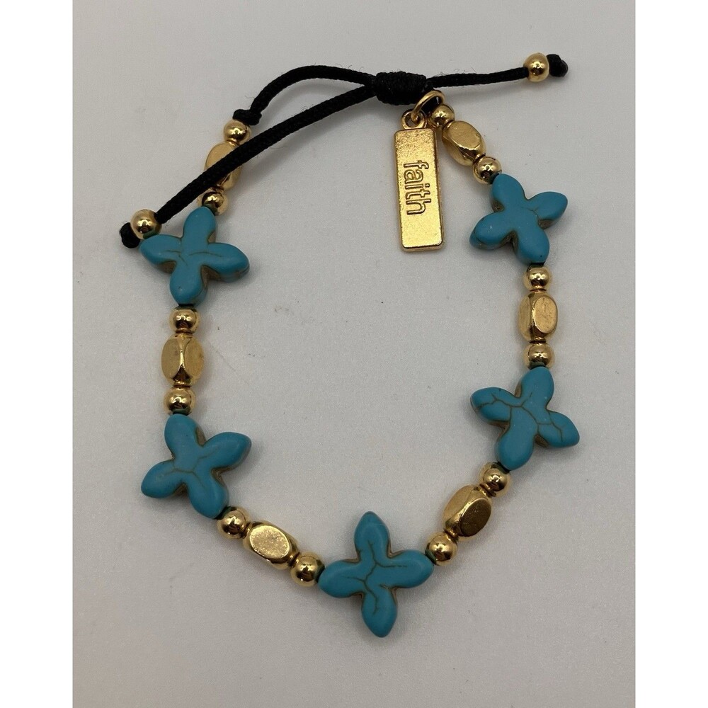 Gold Tone Blue Cross My Saint My Hero Grounded In Faith Adjustable Bracelet